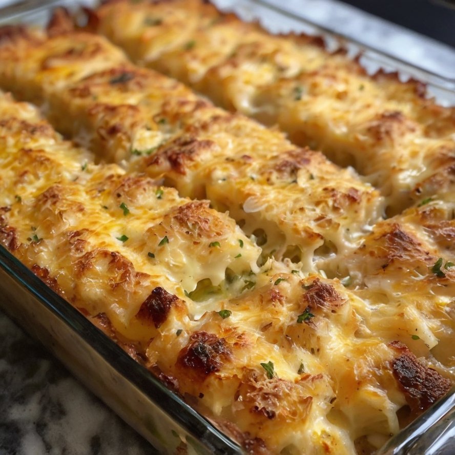 A close-up of a cheesy hashbrown casserole in a rectangular baking dish, with tender shredded potatoes covered in melted golden cheddar cheese and a crispy browned topping. Small flecks of fresh parsley garnish the bubbly, golden surface.