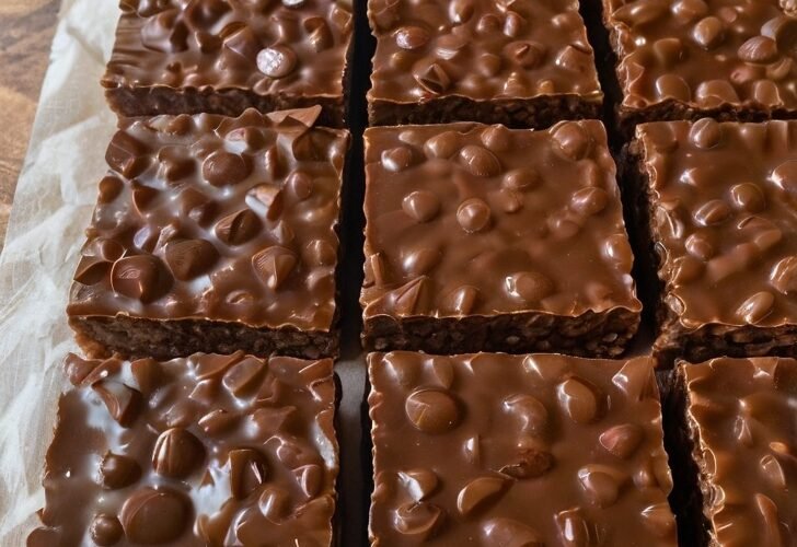 Homemade chocolate crunch bars cut into thick squares, made with crispy rice cereal, creamy peanut butter, and a rich chocolate coating.