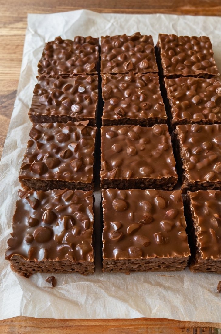 Homemade chocolate crunch bars cut into thick squares, made with crispy rice cereal, creamy peanut butter, and a rich chocolate coating.