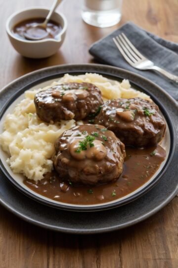 Salisbury steak patties topped with mushroom gravy, served with creamy mashed potatoes on a dark plate.