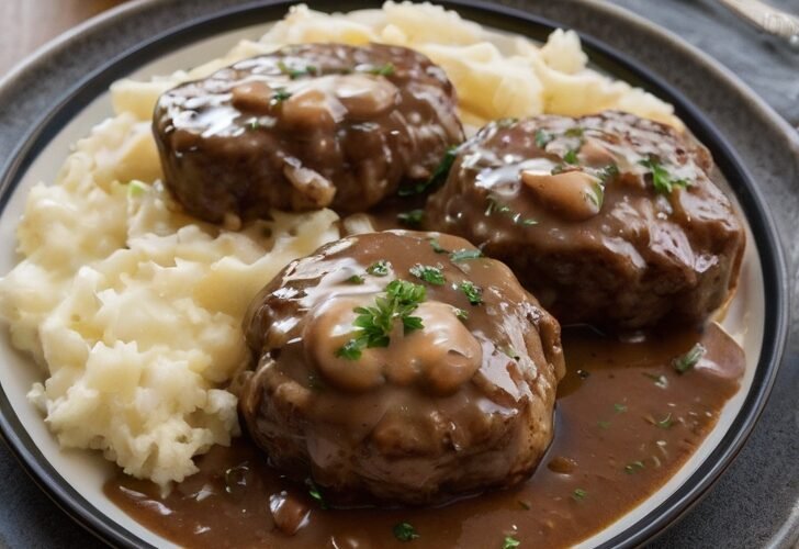 Salisbury steak patties topped with mushroom gravy, served with creamy mashed potatoes on a dark plate.