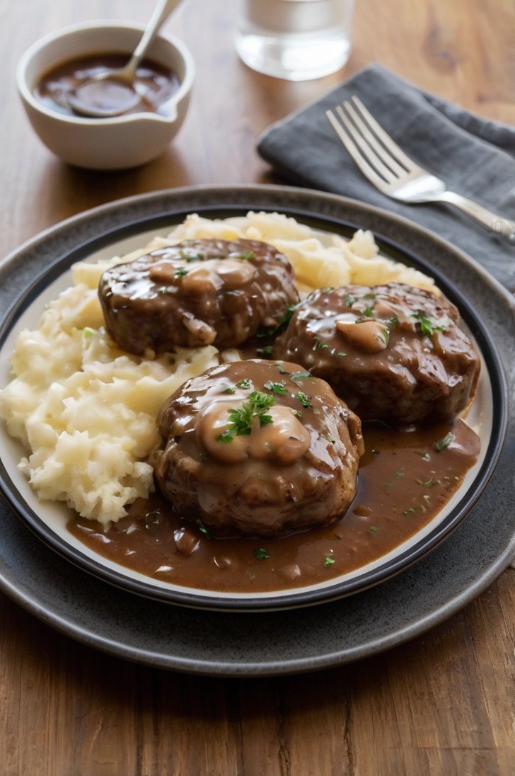 Salisbury steak patties topped with mushroom gravy, served with creamy mashed potatoes on a dark plate.