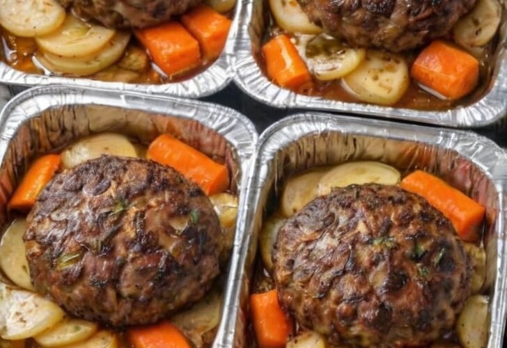 Four individual meatloaf portions baked in aluminum trays with sliced potatoes and carrots, topped with a savory brown glaze.