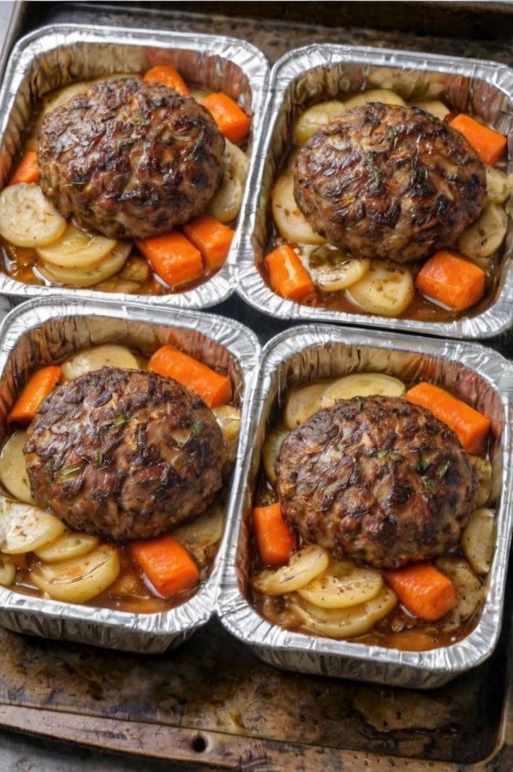 Four individual meatloaf portions baked in aluminum trays with sliced potatoes and carrots, topped with a savory brown glaze.