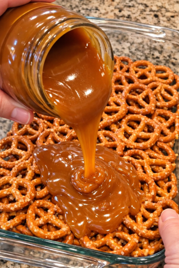 Salty whole pretzel twists, buttery caramel, and a crisp chocolate-nut topping — only five pantry ingredients