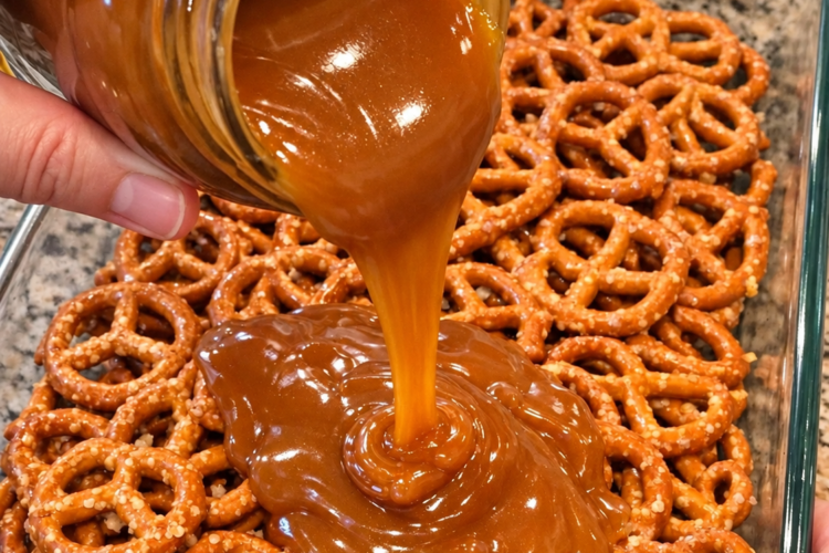Salty whole pretzel twists, buttery caramel, and a crisp chocolate-nut topping — only five pantry ingredients