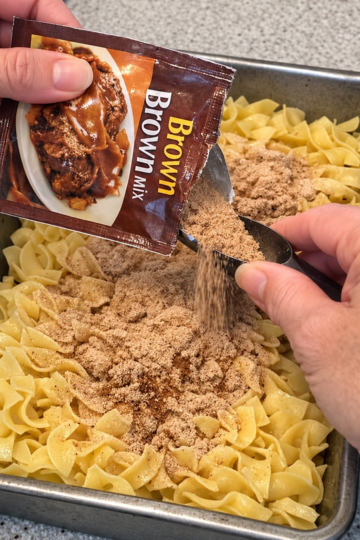 Uncooked egg noodles bake right in rich brown gravy — a cozy, old-fashioned one-dish weeknight dinner.