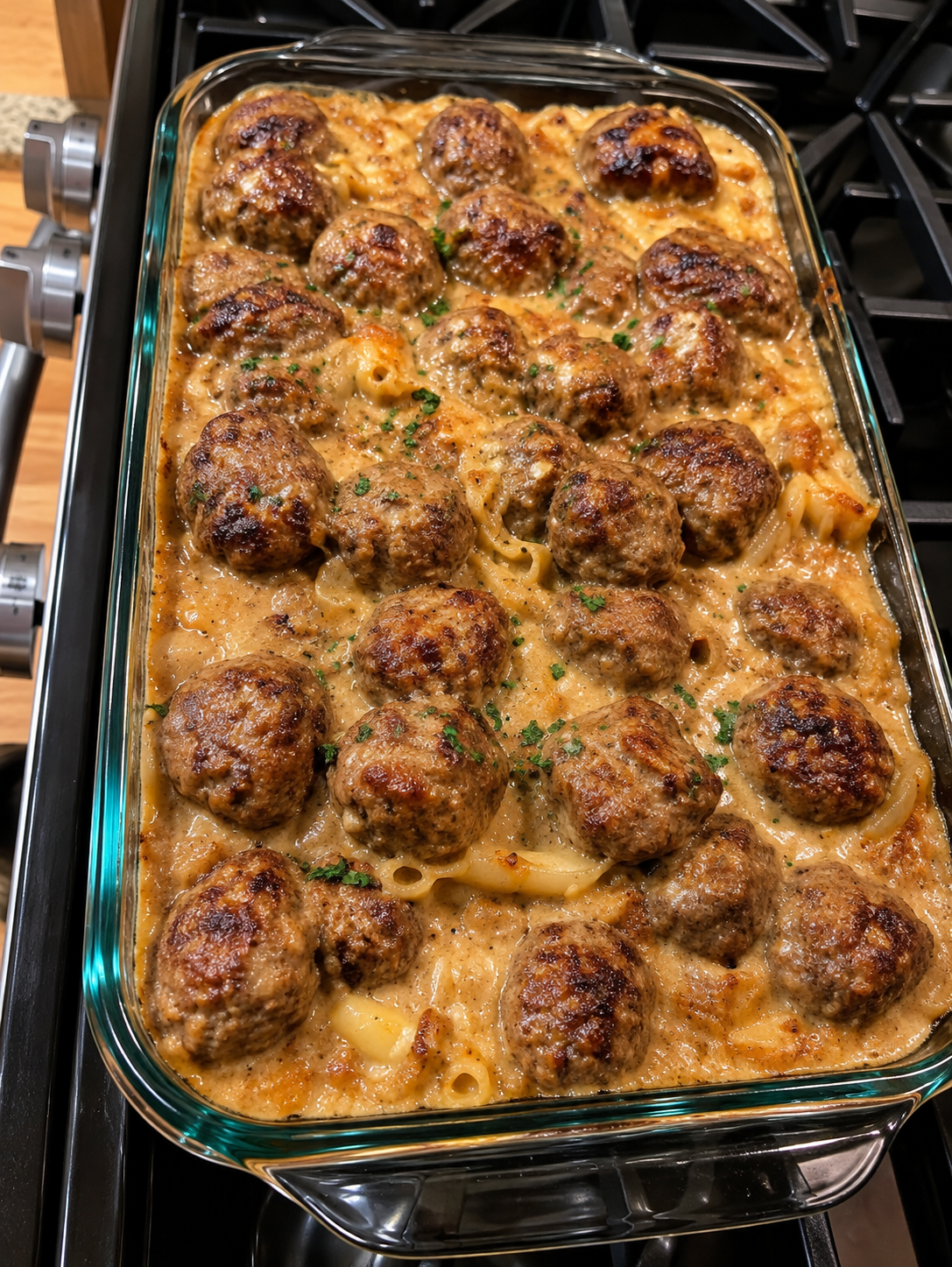 A baked meatball casserole filled with tender golden-brown meatballs in a rich, creamy sauce, arranged in a rectangular baking dish and finished with a lightly browned, savory topping.
