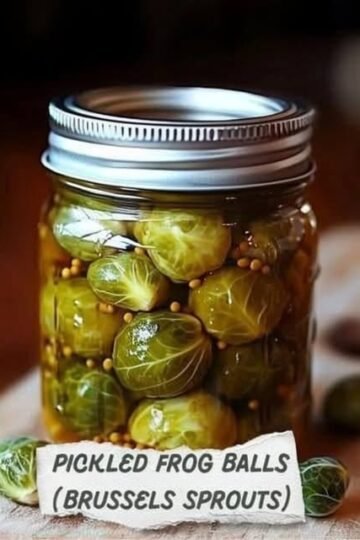 A jar of pickled Brussels sprouts, packed in a tangy-looking brine with mustard seeds and labeled “Pickled Frog Balls,” with a few fresh Brussels sprouts beside the jar. delish.com