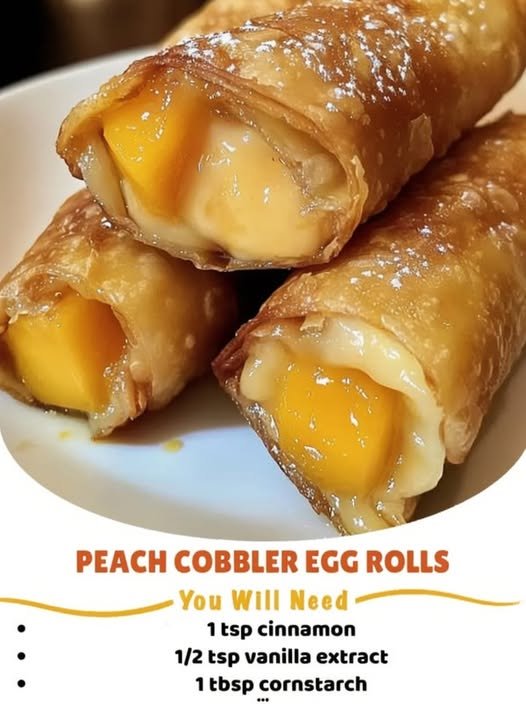 Crispy fried egg rolls filled with warm, jammy cinnamon-sugar peaches. Peach cobbler in a shatteringly crisp, handheld package, dusted with powdered sugar.