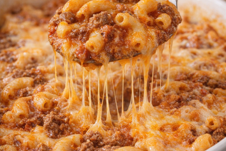 A spoonful of cheesy baked beef macaroni, featuring tender elbow pasta, seasoned ground beef, rich tomato sauce, and plenty of gooey melted cheese stretching from the casserole.