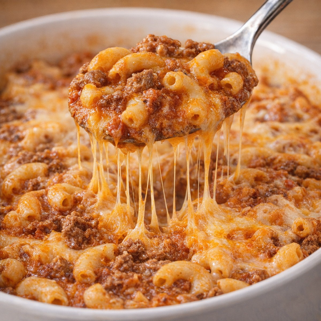 A spoonful of cheesy baked beef macaroni, featuring tender elbow pasta, seasoned ground beef, rich tomato sauce, and plenty of gooey melted cheese stretching from the casserole.