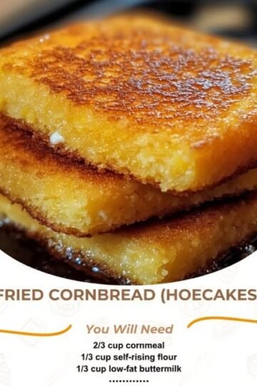 A stack of golden-brown fried cornbread hoecakes with crisp, caramelized edges and soft, tender cornmeal centers, piled on a plate and ready to serve.