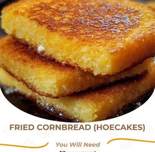 A stack of golden-brown fried cornbread hoecakes with crisp, caramelized edges and soft, tender cornmeal centers, piled on a plate and ready to serve.