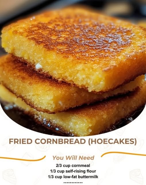A stack of golden-brown fried cornbread hoecakes with crisp, caramelized edges and soft, tender cornmeal centers, piled on a plate and ready to serve.