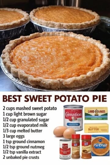 A trio of classic sweet potato pies with smooth, golden-orange custard filling and flaky crimped crusts, baked until lightly browned on top and ready to slice.