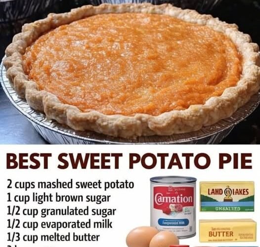 A trio of classic sweet potato pies with smooth, golden-orange custard filling and flaky crimped crusts, baked until lightly browned on top and ready to slice.