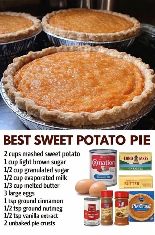 A trio of classic sweet potato pies with smooth, golden-orange custard filling and flaky crimped crusts, baked until lightly browned on top and ready to slice.