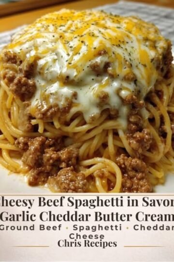 A hearty plate of cheesy beef spaghetti coated in a rich, creamy garlic-cheddar sauce, topped with seasoned ground beef and a generous layer of melted cheese