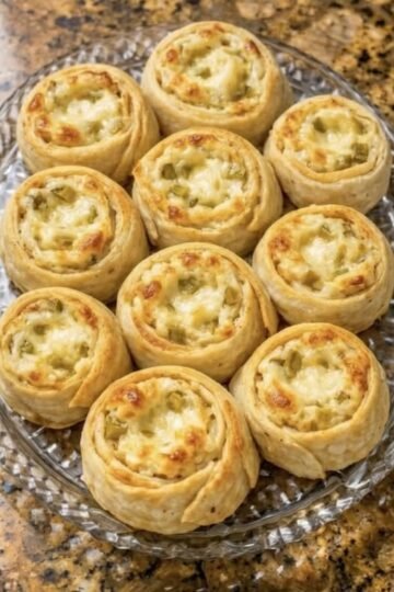 Golden-brown savory pinwheels filled with creamy cheese and chopped green pickles, baked until crisp around the edges and lightly browned on top.