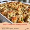 A golden-brown Dolly’s chicken and stuffing casserole filled with tender shredded chicken, savory stuffing, peas, and a crispy, toasted topping.