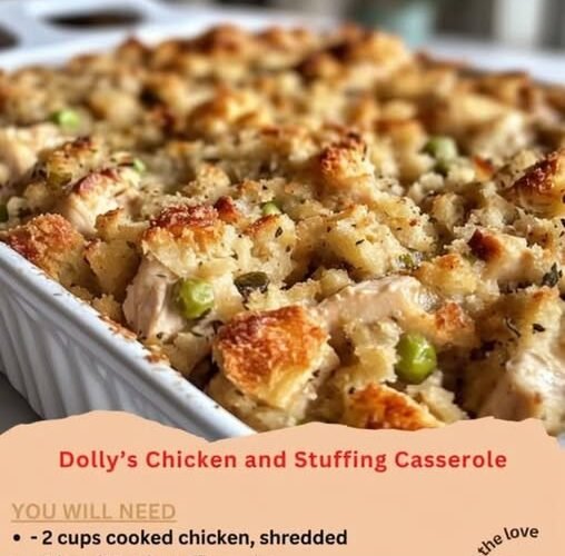 A golden-brown Dolly’s chicken and stuffing casserole filled with tender shredded chicken, savory stuffing, peas, and a crispy, toasted topping.