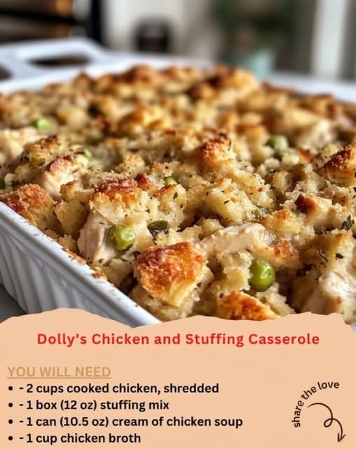 A golden-brown Dolly’s chicken and stuffing casserole filled with tender shredded chicken, savory stuffing, peas, and a crispy, toasted topping.