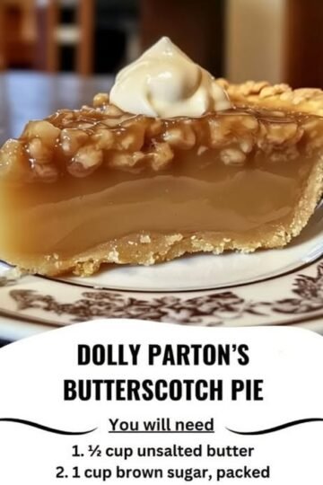 A slice of creamy butterscotch pie with a smooth caramel-colored filling, buttery crust, chopped pecans, and a dollop of whipped cream on top.