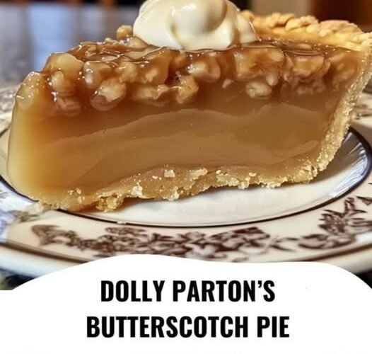 A slice of creamy butterscotch pie with a smooth caramel-colored filling, buttery crust, chopped pecans, and a dollop of whipped cream on top.
