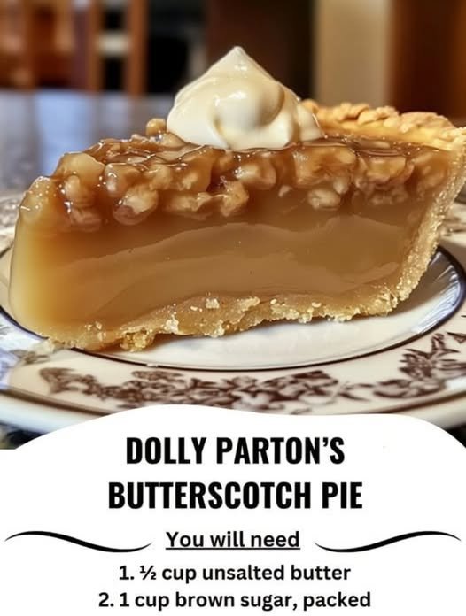 A slice of creamy butterscotch pie with a smooth caramel-colored filling, buttery crust, chopped pecans, and a dollop of whipped cream on top.