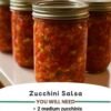 A row of sealed jars filled with vibrant homemade zucchini salsa, packed with chopped tomatoes, zucchini, peppers, and spices in a rich red sauce