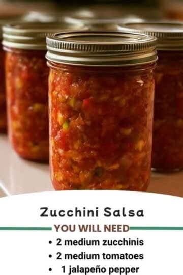 A row of sealed jars filled with vibrant homemade zucchini salsa, packed with chopped tomatoes, zucchini, peppers, and spices in a rich red sauce