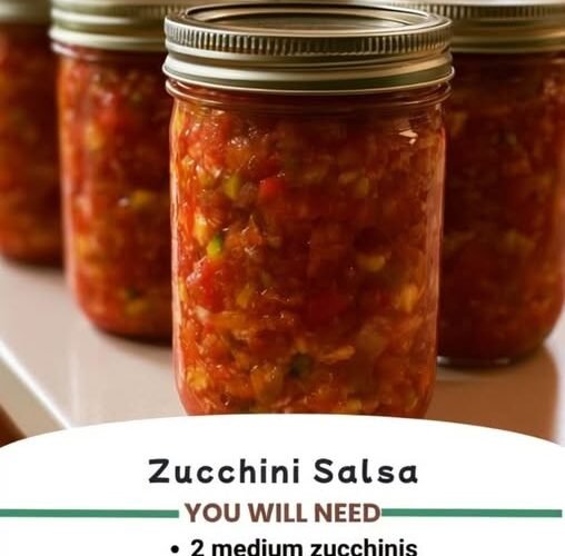 A row of sealed jars filled with vibrant homemade zucchini salsa, packed with chopped tomatoes, zucchini, peppers, and spices in a rich red sauce