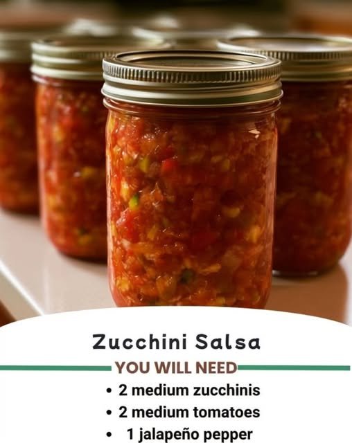 A row of sealed jars filled with vibrant homemade zucchini salsa, packed with chopped tomatoes, zucchini, peppers, and spices in a rich red sauce