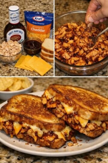 Golden-brown BBQ chicken grilled cheese sandwiches filled with tender shredded chicken, smoky barbecue sauce, and melted cheddar cheese, with a crisp, buttery toasted exterior.