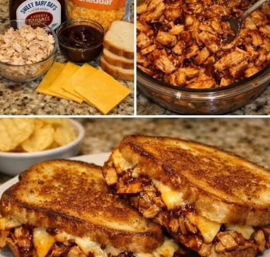Golden-brown BBQ chicken grilled cheese sandwiches filled with tender shredded chicken, smoky barbecue sauce, and melted cheddar cheese, with a crisp, buttery toasted exterior.