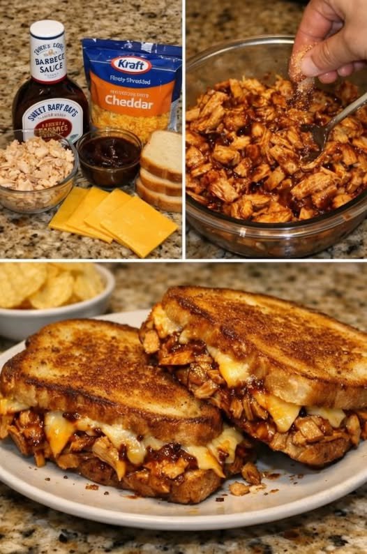 Golden-brown BBQ chicken grilled cheese sandwiches filled with tender shredded chicken, smoky barbecue sauce, and melted cheddar cheese, with a crisp, buttery toasted exterior.