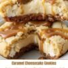 A close-up of caramel cheesecake cookies with a buttery crumb topping, creamy cheesecake centers, and rich caramel sauce drizzled generously over the top.