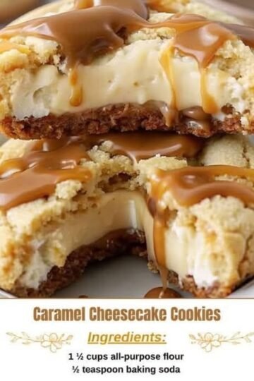 A close-up of caramel cheesecake cookies with a buttery crumb topping, creamy cheesecake centers, and rich caramel sauce drizzled generously over the top.