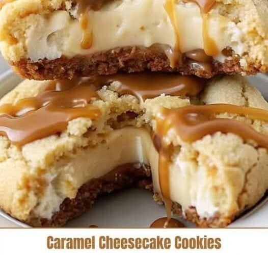 A close-up of caramel cheesecake cookies with a buttery crumb topping, creamy cheesecake centers, and rich caramel sauce drizzled generously over the top.
