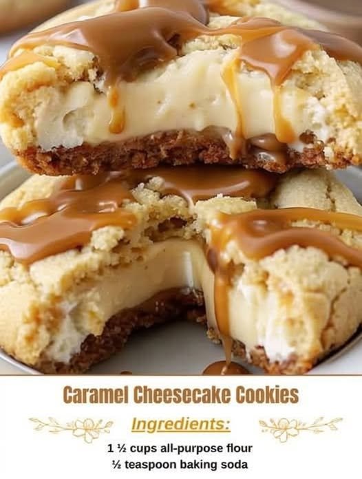 A close-up of caramel cheesecake cookies with a buttery crumb topping, creamy cheesecake centers, and rich caramel sauce drizzled generously over the top.