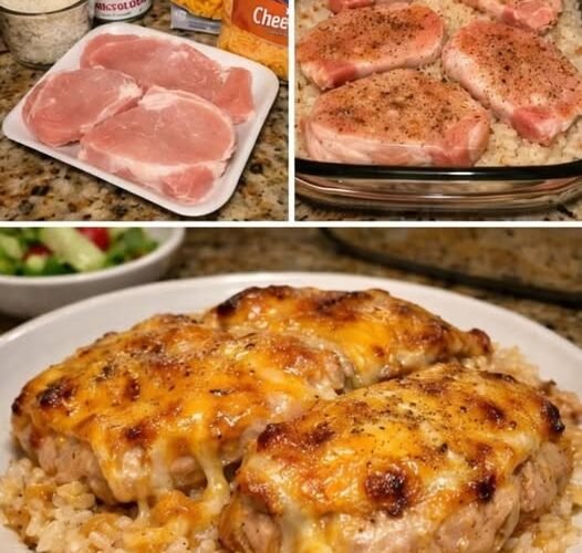 Golden-brown pork chops topped with melted cheddar cheese, served over creamy seasoned rice in a comforting baked casserole
