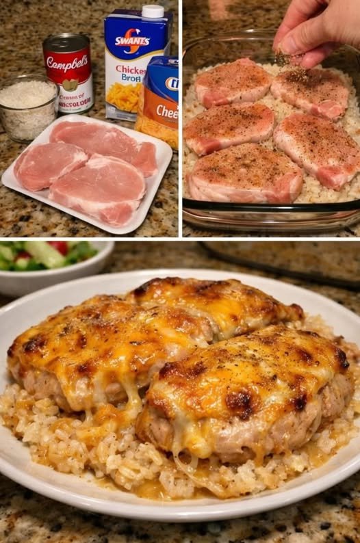 Golden-brown pork chops topped with melted cheddar cheese, served over creamy seasoned rice in a comforting baked casserole