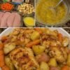A hearty one-pan chicken dinner featuring golden-browned chicken breasts, tender baby potatoes, and sweet carrots coated in a glossy, savory honey-mustard glaze.