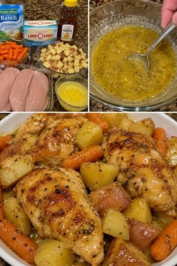 A hearty one-pan chicken dinner featuring golden-browned chicken breasts, tender baby potatoes, and sweet carrots coated in a glossy, savory honey-mustard glaze.