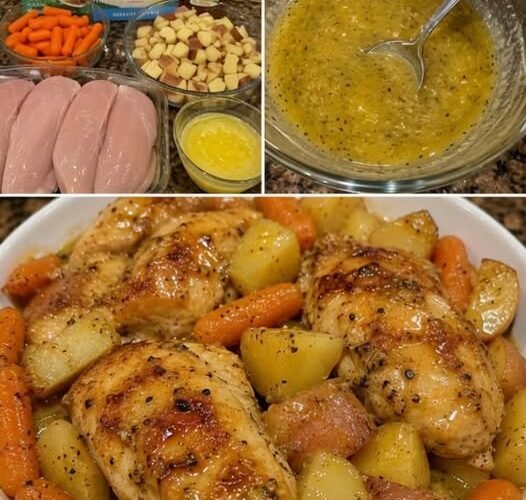 A hearty one-pan chicken dinner featuring golden-browned chicken breasts, tender baby potatoes, and sweet carrots coated in a glossy, savory honey-mustard glaze.