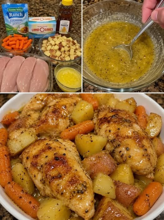 A hearty one-pan chicken dinner featuring golden-browned chicken breasts, tender baby potatoes, and sweet carrots coated in a glossy, savory honey-mustard glaze.