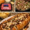 A golden-brown stuffed French bread loaded with seasoned ground beef, diced onions and green peppers, then topped with plenty of melted cheese and baked until crispy and bubbling.