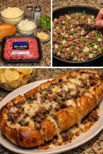 A golden-brown stuffed French bread loaded with seasoned ground beef, diced onions and green peppers, then topped with plenty of melted cheese and baked until crispy and bubbling.