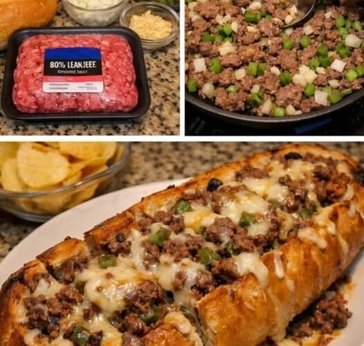A golden-brown stuffed French bread loaded with seasoned ground beef, diced onions and green peppers, then topped with plenty of melted cheese and baked until crispy and bubbling.